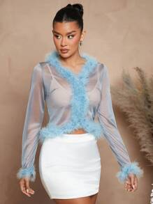 L'Amorae Blusa casual transparente de manga larga con parches de piel sintética, adecuada para el ocio y las vacaciones