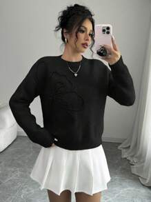 Elenzga Women's Crew Neck Floral Pattern Solid Color Pullover Sweater - Black - View 5