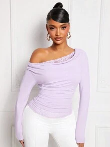 SHEIN SXY Elegant Lady Lace Panel Light Purple Shoulder T-Shirt - Mauve Purple - View 6