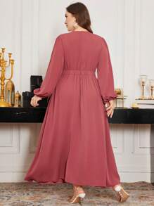 Modelyn Plus Size Flowing Ruffled Waistband Cinching A-Line Dress, Elegant Spring/Summer - Red Violet - View 2