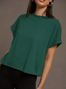 SHEIN Essnce Damska koszulka z krótkim rękawem w jednolitym kolorze z wycięciami - Ciemnozielony - Zobacz 6