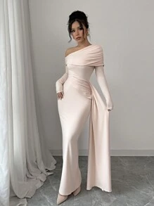 Elenzga Vestido de manga larga con hombros fruncidos y bajo drapeado - Albaricoque - Ver 6