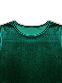 秋冬圆领修身高腰长袖丝绒连衣裙，优雅女士春季连衣裙 - 綠色 - 查看 5