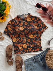 Soleia 女士度假复古碎花短袖荷叶边下摆短款上衣，网眼面料修身 T 恤，适合派对、分层穿着、嬉皮音乐节、复活节、狂欢节、约会、夏季 - 彩色 - 查看 1