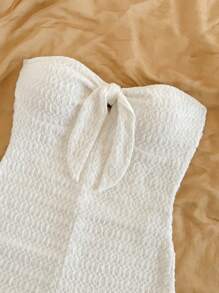 Soleia Women's White Knit Texture Front Tie Halter Jumpsuit, Fitted, Suitable For Party, Date, Valentine's Day, Sexy Romantic, Carnival, Beach, Cruise, Afternoon Tea - White - View 3