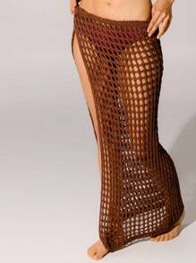 Aralina Resort Brown Crochet Wrap Beach Swim Holiday Maxi Skirt - Coffee Brown - View 3