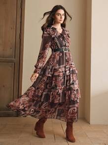 Anewsta Elegant Floral Print Loose Waist Dress For Women