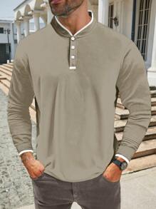 Manfinity Homme Plus Size Men's Casual Contrast Trim Polo Shirt, Autumn, Long Sleeve Top - Beige - View 3