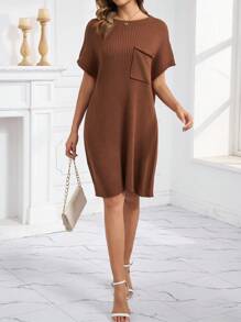 咖啡色高领短袖中长针织连衣裙 - 咖啡棕 - 查看 3