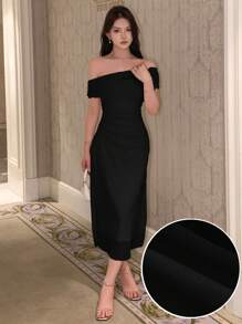 DAZY Vestido largo ajustado de hombros descubiertos de unicolor, vestido de cóctel o vestido de playa para mujer - Negro - Ver 1