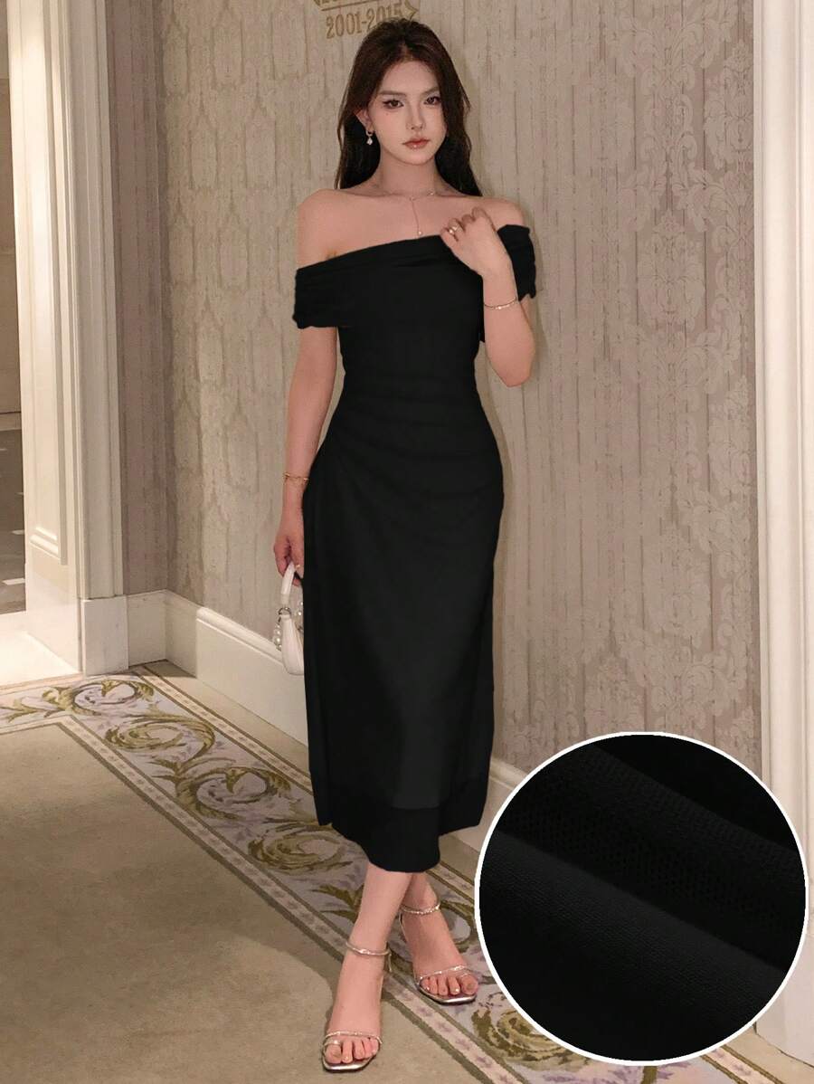 DAZY Vestido largo ajustado de hombros descubiertos de unicolor, vestido de cóctel o vestido de playa para mujer - Negro - Ver 1