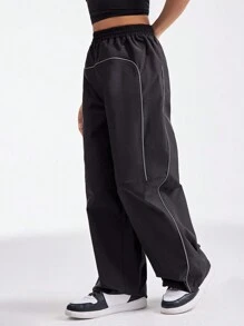 SHEIN Tween Girl Cool Street Style Spring/Summer Drawstring Waist Pocket Patchwork Casual Sports Pants - Black - View 1