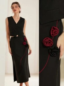 Aveloria 优雅女士 3D 花卉装饰背心套装，适合情人节、春季和夏季 - 彩色 - 查看 1