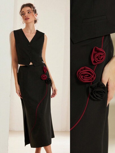 GENKIRA Elegant Women 3D Floral Decor Vest Suit Set, Ideal For Valentine's Day, Spring & Summer