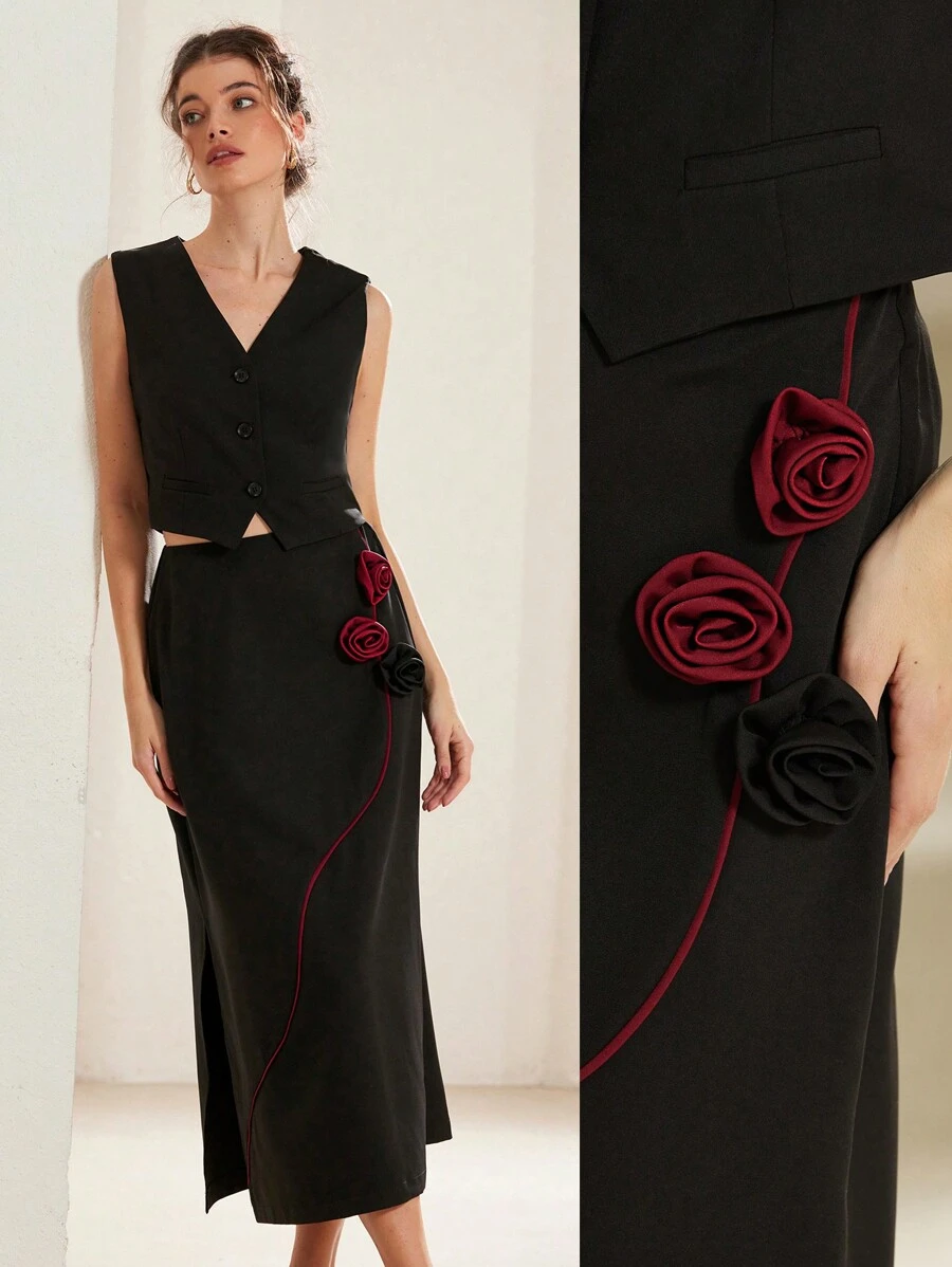 Aveloria 优雅女士 3D 花卉装饰背心套装，适合情人节、春季和夏季 - 彩色 - 查看 1