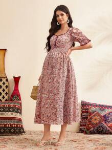 SHEIN Floral Print Puff Sleeve Maternity Dress - Pink - View 5