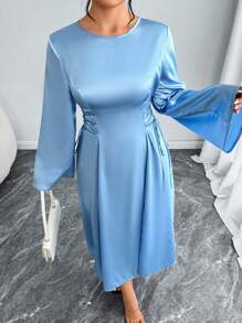 SHEIN Unity 大码优雅复古派对侧系带腰部中长蓝色连衣裙