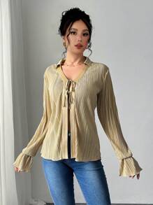 SHEIN Unity V-Neck Long Sleeve Tie-Front Pleated Loose Blouse For Women - Khaki - View 4
