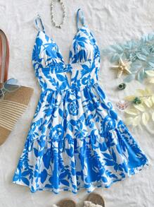 Soleia 女士节日花卉印花细肩带露背 A 字型迷你连衣裙 - 淺藍色 - 查看 1