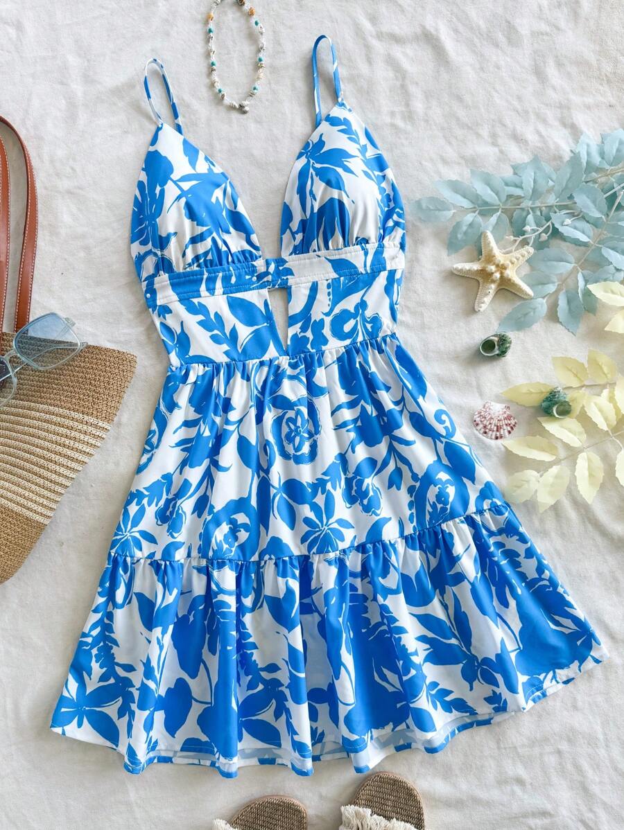 Soleia 女士节日花卉印花细肩带露背 A 字型迷你连衣裙 - 淺藍色 - 查看 1