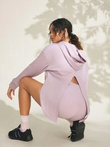 Solid Color Side Split Hoodie & Shorts Sports Outfit - Purple - View 4
