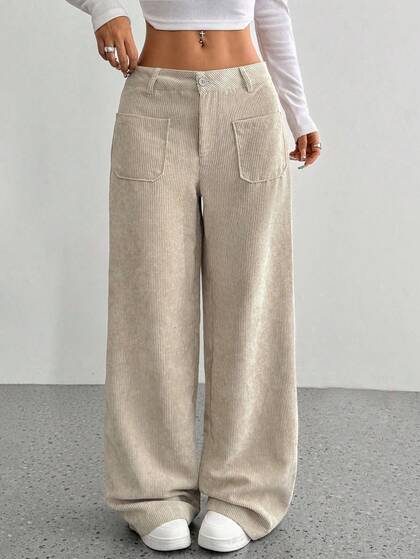 Lunelith SHEIN Lunessa Pantalon droit ample en velours côtelé simple avec poche avant et boutons, couleur unie