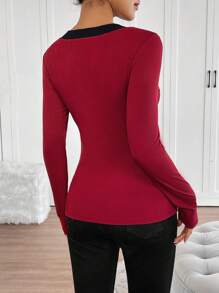 Chiquease Women's V-Neck Contrast Color Bowknot Decor Raglan Sleeve T-Shirt, Autumn/Winter - Burgundy - View 2