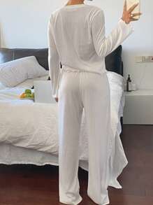 Livesso 2pcs/Set Women Loose Comfy Soft Solid Color Lounge Set, Fall Winter Clothes, Cozy Outfit - White - View 2