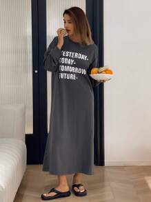 DAZY Letter Print Decor Loose Fit Women Spring Home Dress - Dark Grey - View 5