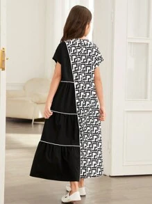 SHEIN Leap Crew Tween Girls'' Loose Casual Patchwork Colorblock Geometric Pattern Midi Dress - White - View 3