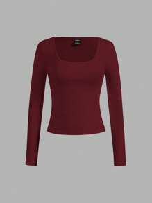 SHEIN Essnce 4pcs Set Casual Solid Color Square Neck Long Sleeve T-Shirts For Women, Versatile, Suitable For Spring & Autumn - Multicolor - View 10