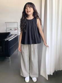 DAZY Conjunto de verano para niñas preadolescentes con 2 piezas: top de tirantes de cuello redondo + pantalón largo de tejido rayado