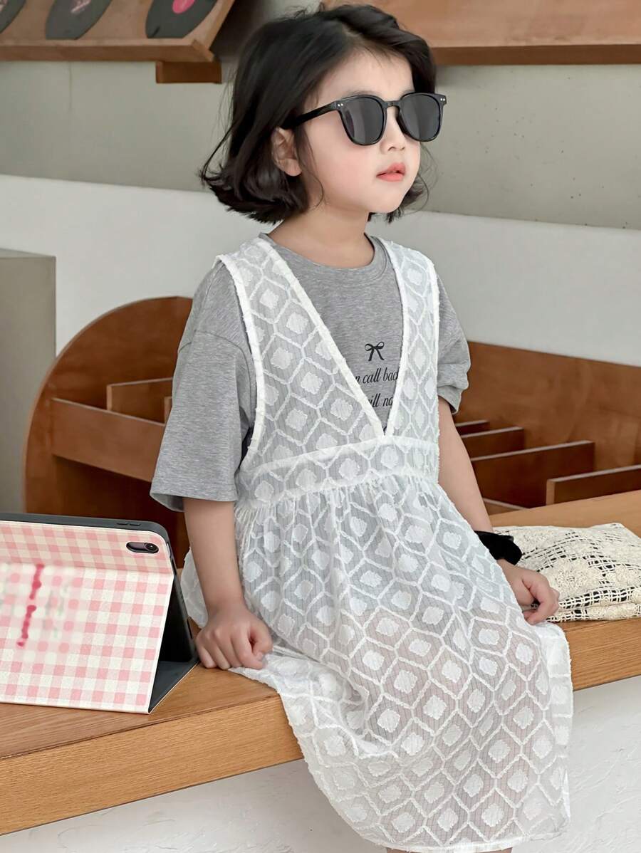 DAZY 2 件套：短袖少女图案上衣和无袖镂空修身连衣裙，女童夏季服装 - 白色 - 查看 1