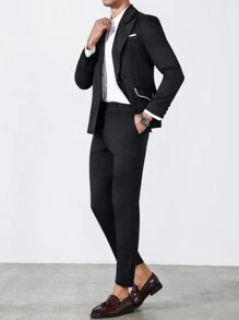 Manfinity Bizformal Completo casual da uomo in tinta unita con patchwork, giacca a maniche lunghe con bottoni davanti e pantaloni, abito da uomo, outfit da matrimonio per uomo, abito formale da uomo