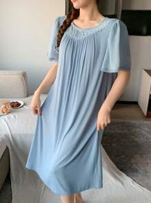 DAZY Loose Solid Color Lace Patchwork Comfortable Women's Nightgown Pajama - Dusty Blue - View 3
