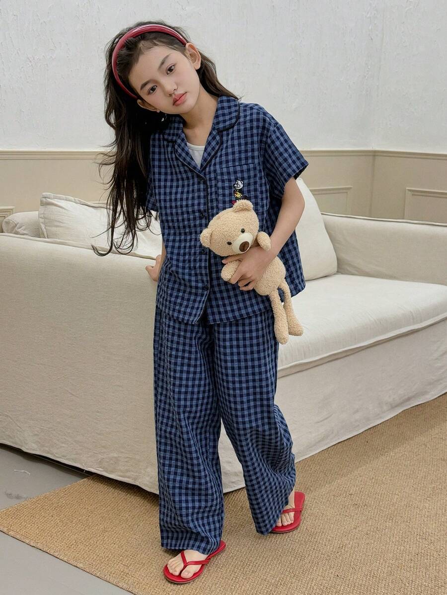 Dazy Kids 少女格子刺绣短袖上衣和裤子睡衣套装，春夏 - 藏蓝色 - 查看 1