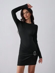 Lumivelle Black Tight Fit Elastic Knit Dress With Metal Decor, Bodycon - Black - View 3