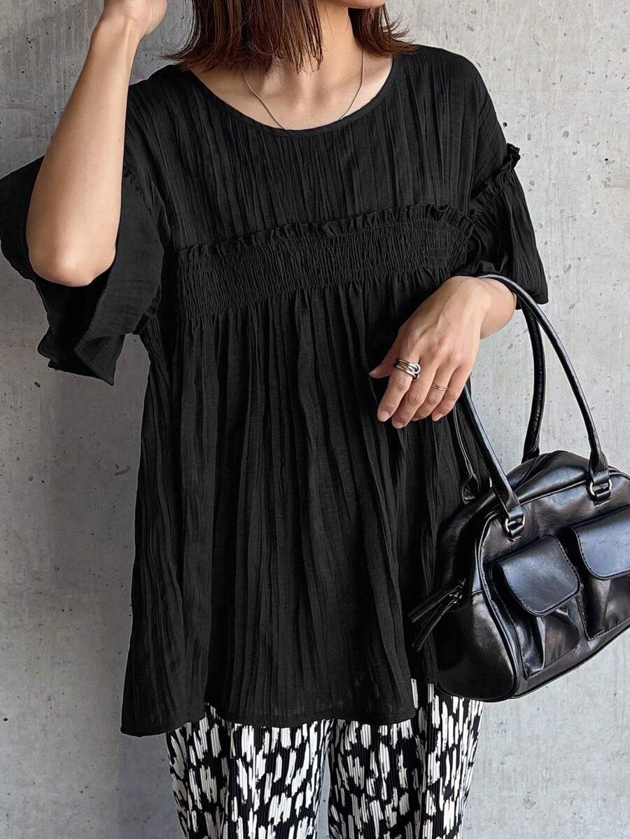 FRIFUL Top Preta Solta Plissada Feminina, Top de Verão - Preto - Visão 1