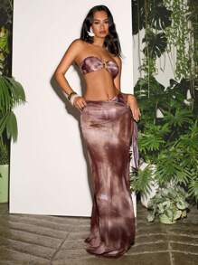 Opulessa 女士节日扎染印花侧腰系带长款罩衫和长裙 - 卡其色 - 查看 6