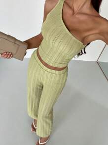 SHEIN Essnce 2pcs Women Blouse With Asymmetrical Neck Strap & Pants Set, Minimalist Style - Yellow - View 4