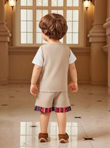 SHEIN 2 conjuntos para bebé niño, tema festivo de Ramadán, conjunto de chaleco sin mangas con estampado colorido y pantalones cortos, apropiado para uso casual, juegos al aire libre, escuela, vacaciones - Lindo, ideal para tiempo libre familiar, deportes y reuniones