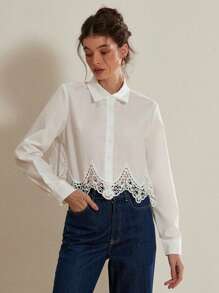 Chiquease 花边下摆纽扣前襟衬衫纽扣衬衫女式，长袖上衣 - 白色 - 查看 6