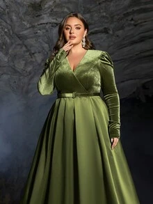 Faeriesty Plus Surplice Neck Belted Satin Formal Dress - Olive Green - View 4
