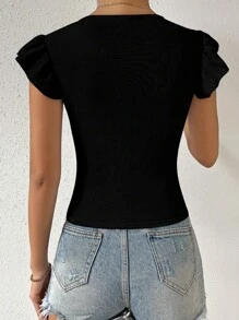 SHEIN PETITE Dames Casual Effen Kleur Ronde Hals Cap Mouw T-shirt, Zomer