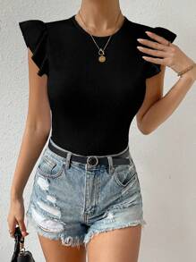 SHEIN PETITE Dames Casual Effen Kleur Ronde Hals Cap Mouw T-shirt, Zomer