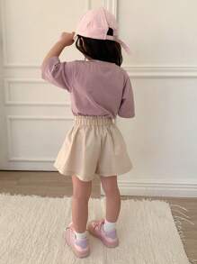DAZY 2pcs Young Girl Round Neck Short Sleeve Printed Simple Top And Shorts Set,Girls Summer Outfits - Purple - View 2