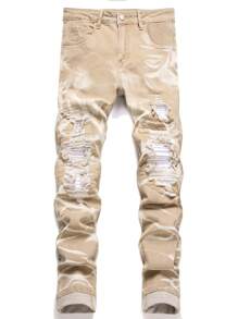 Manfinity LEGND Men's Distressed Slim-Fit Casual Denim Jeans With Pockets - Khaki - View 1