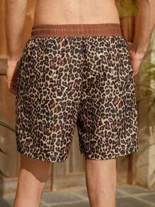 Manfinity VDAYZ Pantalones cortos casuales de playa con bolsillo y cordones, estampado de leopardo, para novio
