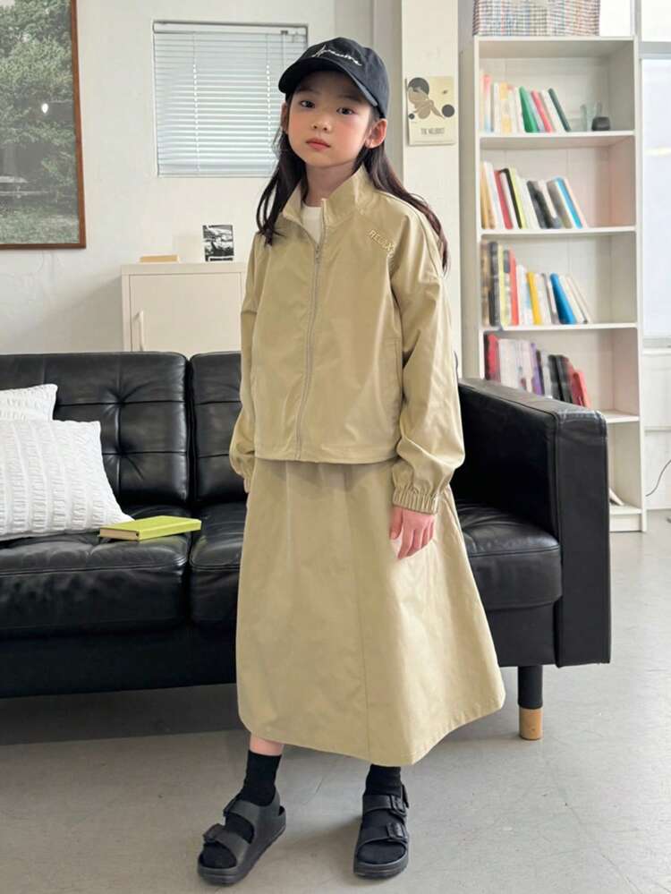 Tween Girls Casual Solid Color Jacket & Skirt 2 Pieces Set, Autumn