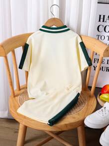 SHEIN 2pcs/Set Young Boys Short Sleeve Printed Polo Shirt + Matching Shorts, Versatile & Comfortable, Suitable For Daily Wear, Outdoor Activities, Travel, School, Spring/Summer